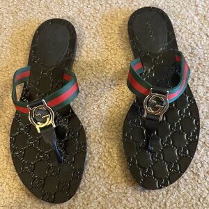 Gucci GG Web Stripe Thong Sandals Black Monogram Flat Flip Flops